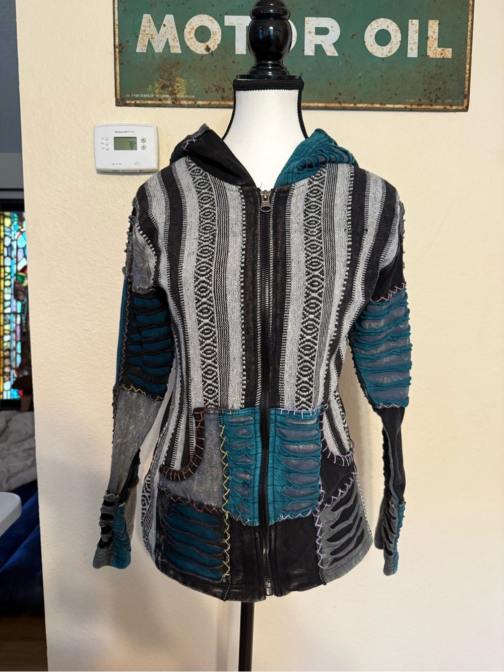 RISING International Sz S Funky Art-Wear De-Constructed Zip Hoodie Jacket Boho